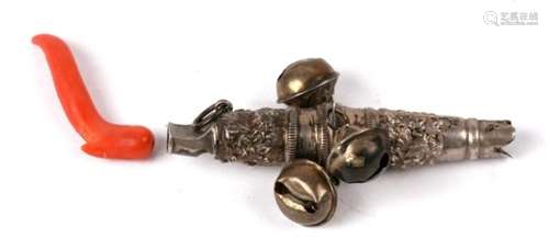 An early 19th century silver child's rattle, makers mark IB. Set with whistle and three bells and