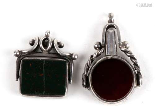 A folding silver fob pocket watch key, Birmingham 1901, set with bloodstone and agate; together with