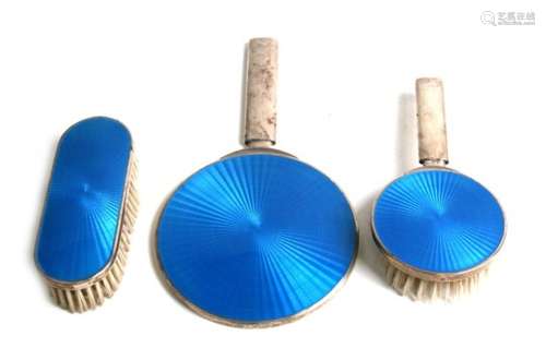 A David Andersen Norway silver and blue guilloche enamel mirror and brush set, the mirror 24.5cms (