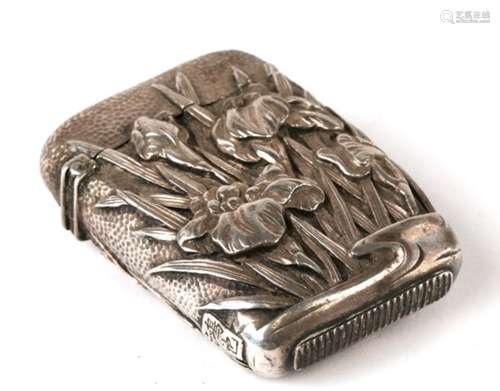 A Japanese silver vesta case or match safe embossed with irises and rushes, signature to small