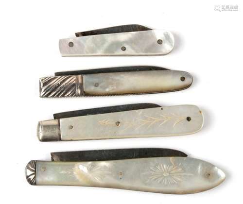 Four silver and mother of pearl folding fruit knives.