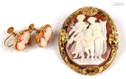 A pair of 9ct gold screw back cameo earrings; together with a yellow metal mounted cameo brooch (