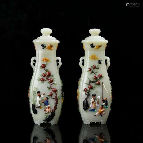 Pair of Hardstones Inlaid Vases