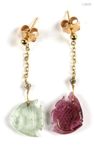 A pair of 18ct gold carved pink and blue tourmaline drop earrings in the form of fish.