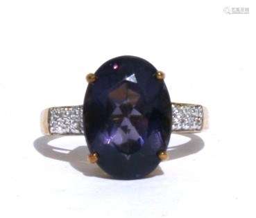 A 9ct gold blueberry quartz and diamond ring, approx UK size 'N'.