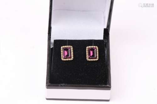 A pair of 9ct gold rectangular amethyst earrings