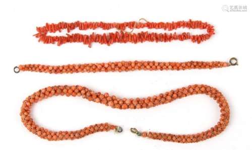 A pink coral bead necklace; together with matching bracelet and a stick coral necklace.