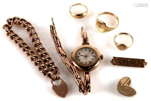 A 9ct rose gold bracelet; together with two gentleman's 9ct gold rings; a 9ct gold cased watch; an