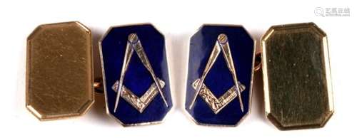 Pair of Masonic square and compass 9ct gold and blue enamel cufflinks. 8.2g.