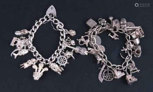 Two full silver charm bracelets. 135g.