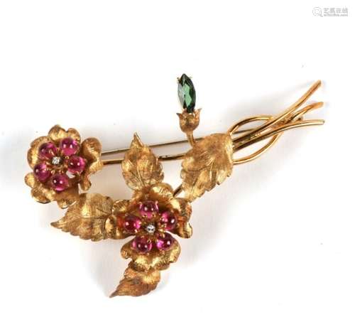 An 18ct gold, ruby, diamond and tourmaline floral spray brooch retailed by Liberty, import marks for