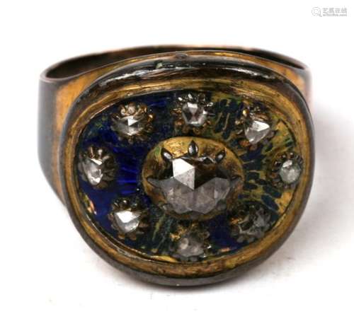 A Georgian enamelled ring set with old cut diamonds