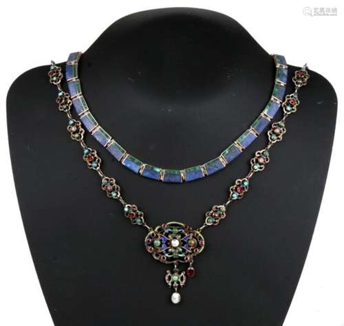 A 925 silver lapis lazuli set necklace, together with a white metal and enamel necklace