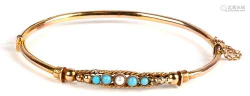 A Victorian rose gold turquoise and pearl set bangle