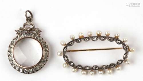 A diamond and pearl set brooch; together with paste set pendant locket (2).