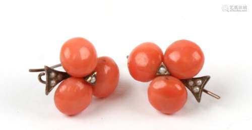 A pair of Victorian trefoil coral and pearl earrings.