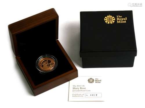 2011 two-tone gold proof double sovereign £2 coin Mary Rose design, no.477 of 1511 mintage in fitted