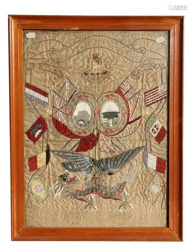 A silk and wool embroidery of The Queens Royal Regiment, Allied Forces in China, British Legation