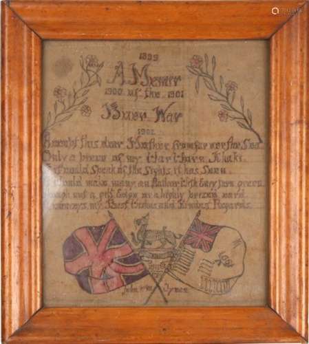 A rare Boer War poetic verse written in ink on fabric by John William Tynan a serving soldier of the