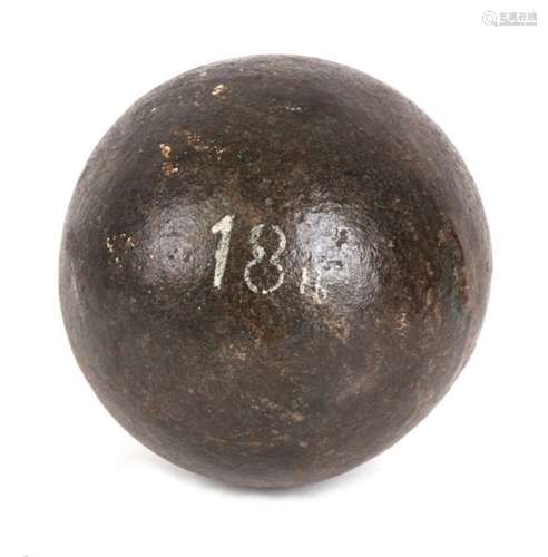 An 18th/19th century cast iron 18lb round shot cannon ball. Approximate diameter 12.5cms (5ins)