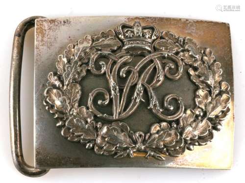 A 19th century Army Officers silver on white metal belt buckle. Overall width 7.5cms (3ins)