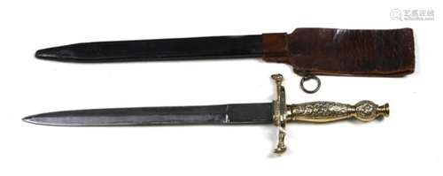 An early 20th century Masonic stiletto dagger in its leather scabbard with frog. Having a brass hilt