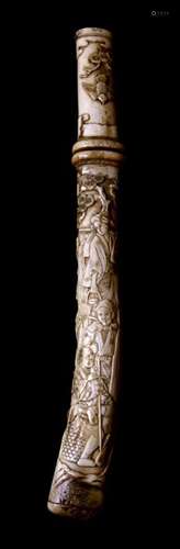 A Japanese short sword tanto with carved bone handle and scabbard, highly decorated with figures,