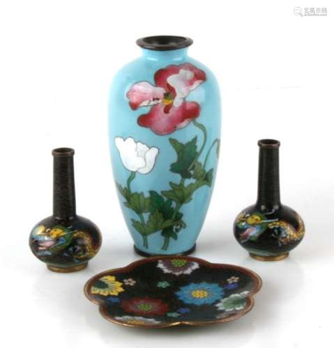 A late 19th century Japanese cloisonne vase decorated with flowers on a pale green ground, 11.