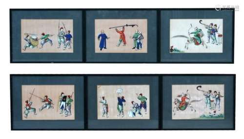 A Set of six Chinese watercolour paintings on pith paper depicting boys at exercise and sport