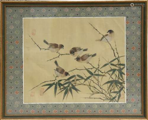 A Chinese painting on silk depicting birds amongst bamboo, framed and glazed. 33 by 28cm (13 by 11