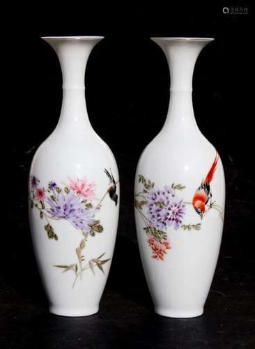 A pair of Chinese Republic eggshell vases decorated with birds, flowers and calligraphy, red seal