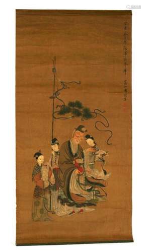 An antique Chinese scroll depicting an elderly bearded gentleman with three female attendants,