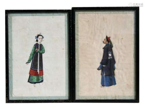 A pair of Chinese paintings on pith paper depicting a male and female official, framed & glazed,