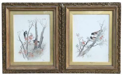 A pair of 19th century Japanese watercolour paintings depicting a pair of finches and a pair of