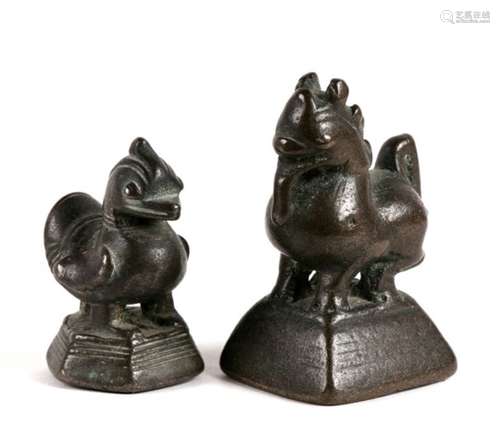 Two early bronze opium weights, one modelled as a bird, the other as a stylised horse, largest