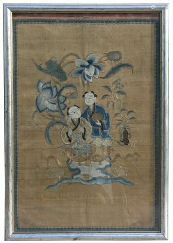 An 18th / 19th century Chinese silk embroidered panel depicting two robed figures, framed &