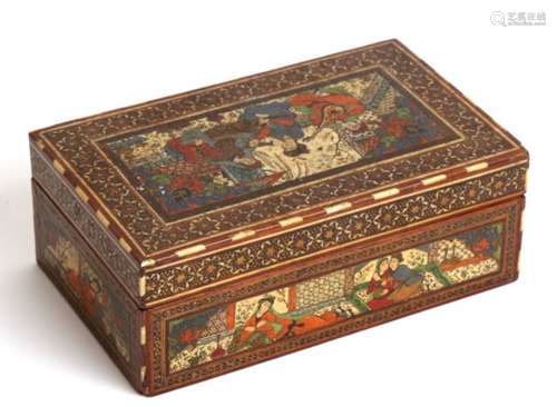 A Persian / Islamic lacquered box decorated with figures within a sadeli micromosaic border,