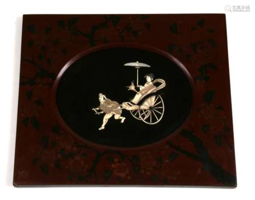 An early 20th century Japanese shibayama style oval panel depicting a figure in a rickshaw,