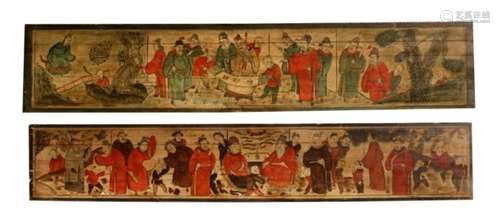 A large pair of Chinese painted wooden panels, the largest 206 by 40cms (81 by 16ins).