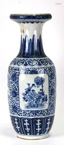 A large Chinese blue & white vase decorated with birds and foliage within panels, 63cms (24.75ins)