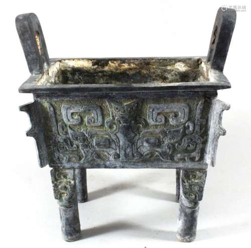 A Chinese square form censer on raised legs