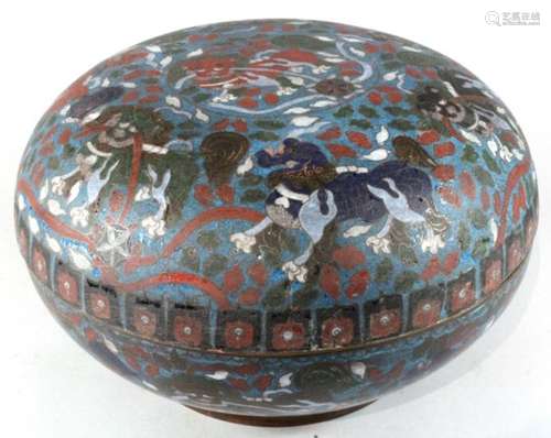 A large 19th century cloisonne enamel box decorated with Buddhistic lions 26cm (10.25 ins)