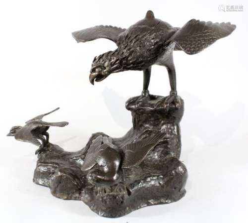 A 19th century Japanese censer Eagle & birds on a rocky outcrop