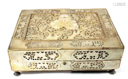 An 18th century Chinese carved mother of pearl jewellery box, interior lined & fitted with