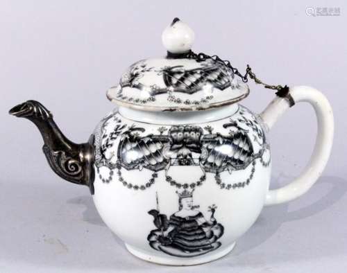 A Chinese Qianlong European subject teapot painted en grisaille