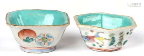 A late 19th century Chinese hexagonal bowl painted with goldfish amongst weeds, turquoise