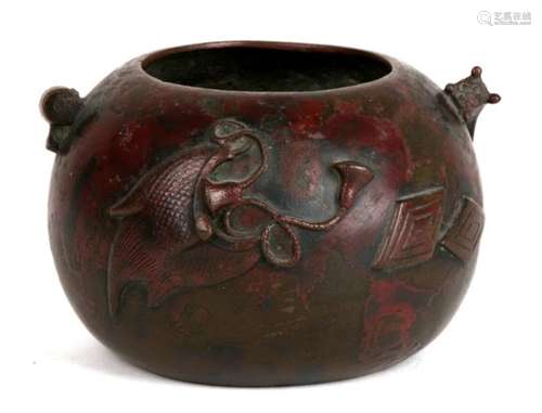 A Japanese bronze censer with applied auspicious symbols all over, painted mark to the underside.