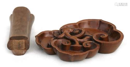 A Chinese boxwood brush washer in the form of three leaves, 15cms (6ins) wide; together with a