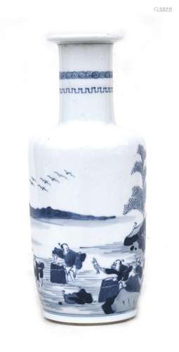 A Chinese blue & white rouleau vase decorated with fisherman in a landscape, 21cms (8.25ins) high.