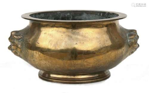 A Chinese large brass censer with lion mask handles and calligraphy, 27cms (10.5ins) diameter.